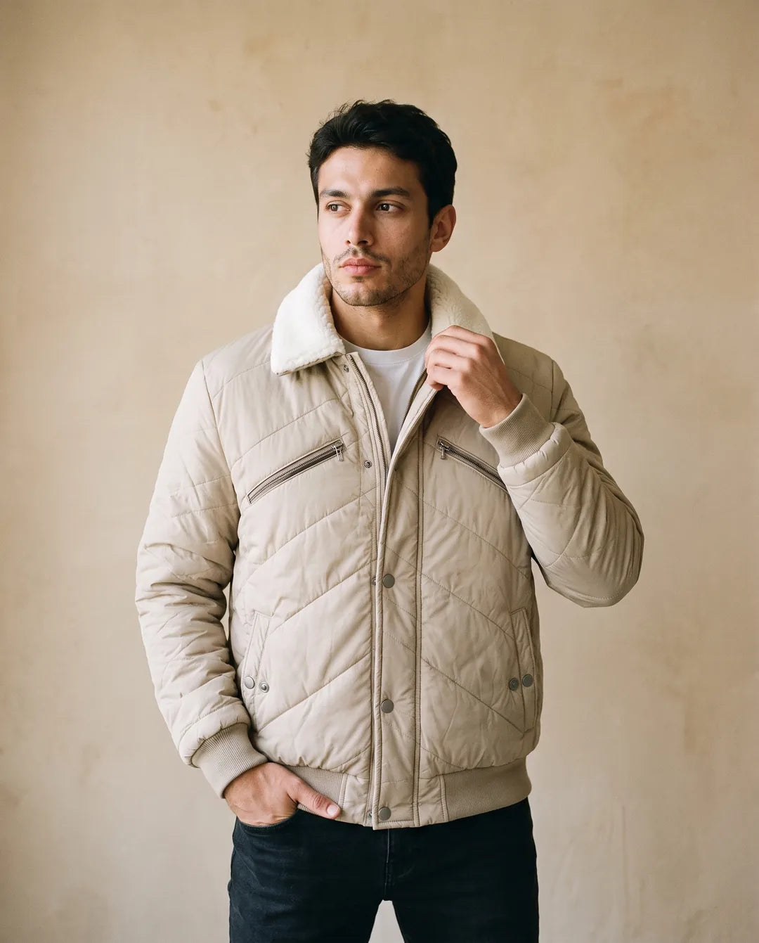 Chaqueta ovejera hombre color beige con cuello de borrego