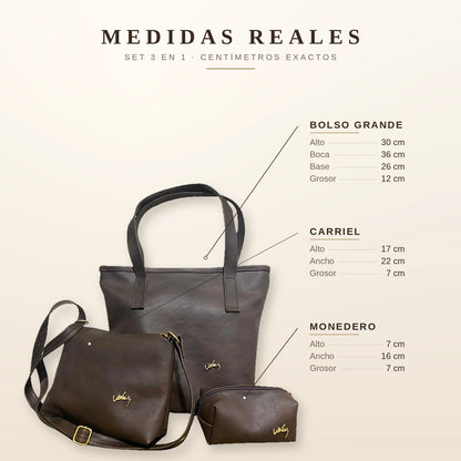 Medidas reales del Set Vélez 3 en 1: bolso 30x36 cm, carriel y monedero